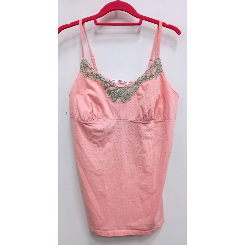 Y2K VTG Maurices Cami Tank Top Womens 1X Pink Polka Dot Lace Trim‎ Sleeveless